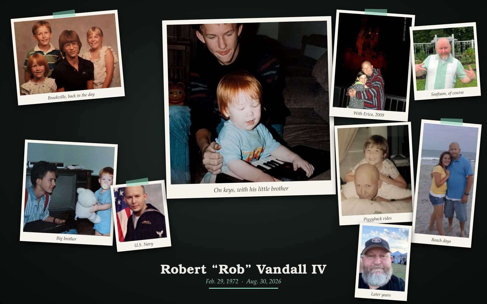 A collage of photos of Rob Vandall across the years: as a kid in Brookville, as a teenager with his little brother, in his Navy uniform, with his daughter Erica, and in later years
