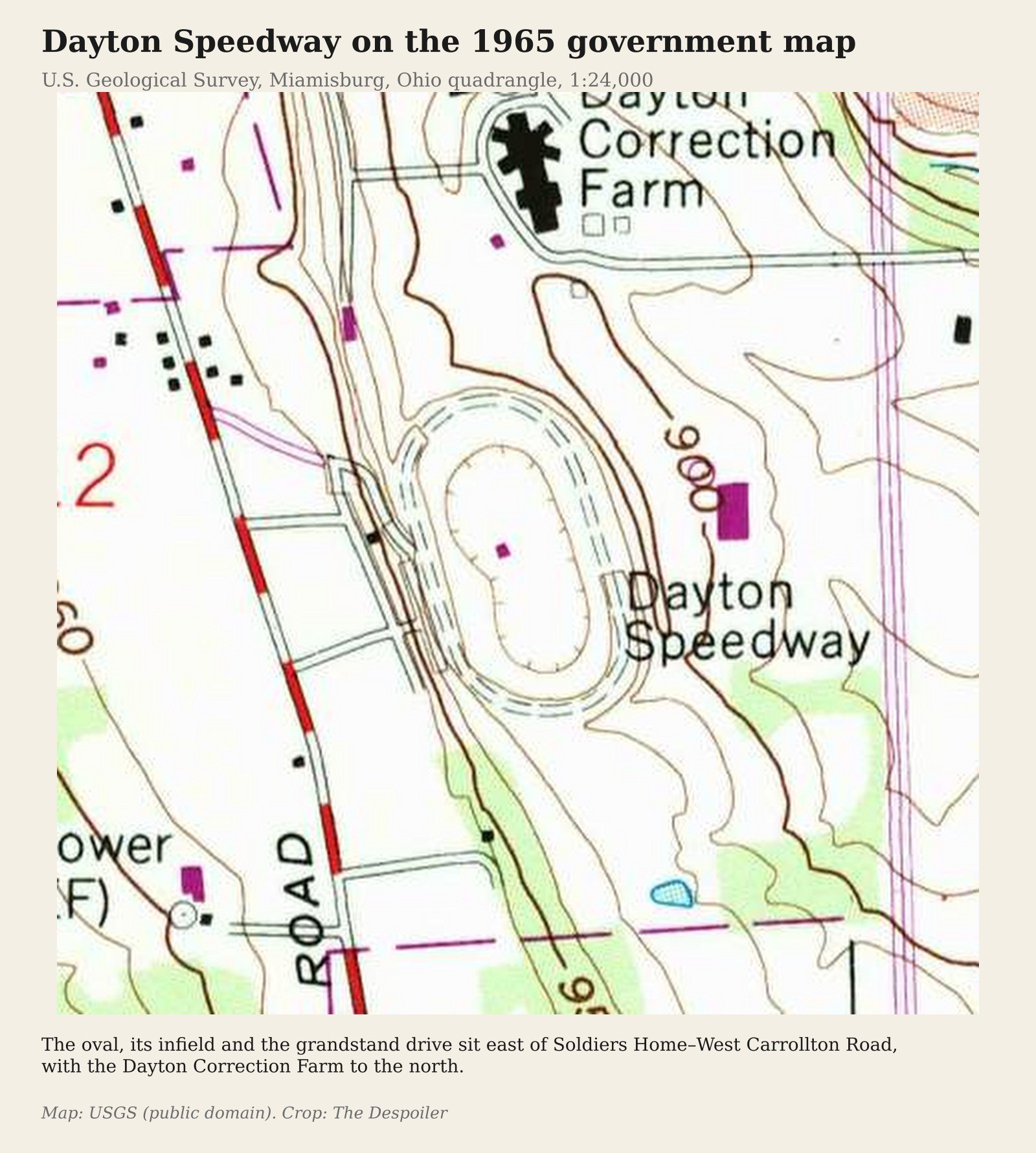 Dayton Speedway labeled on the 1965 USGS topographic map, a D-shaped oval east of Soldiers Home–West Carrollton Road