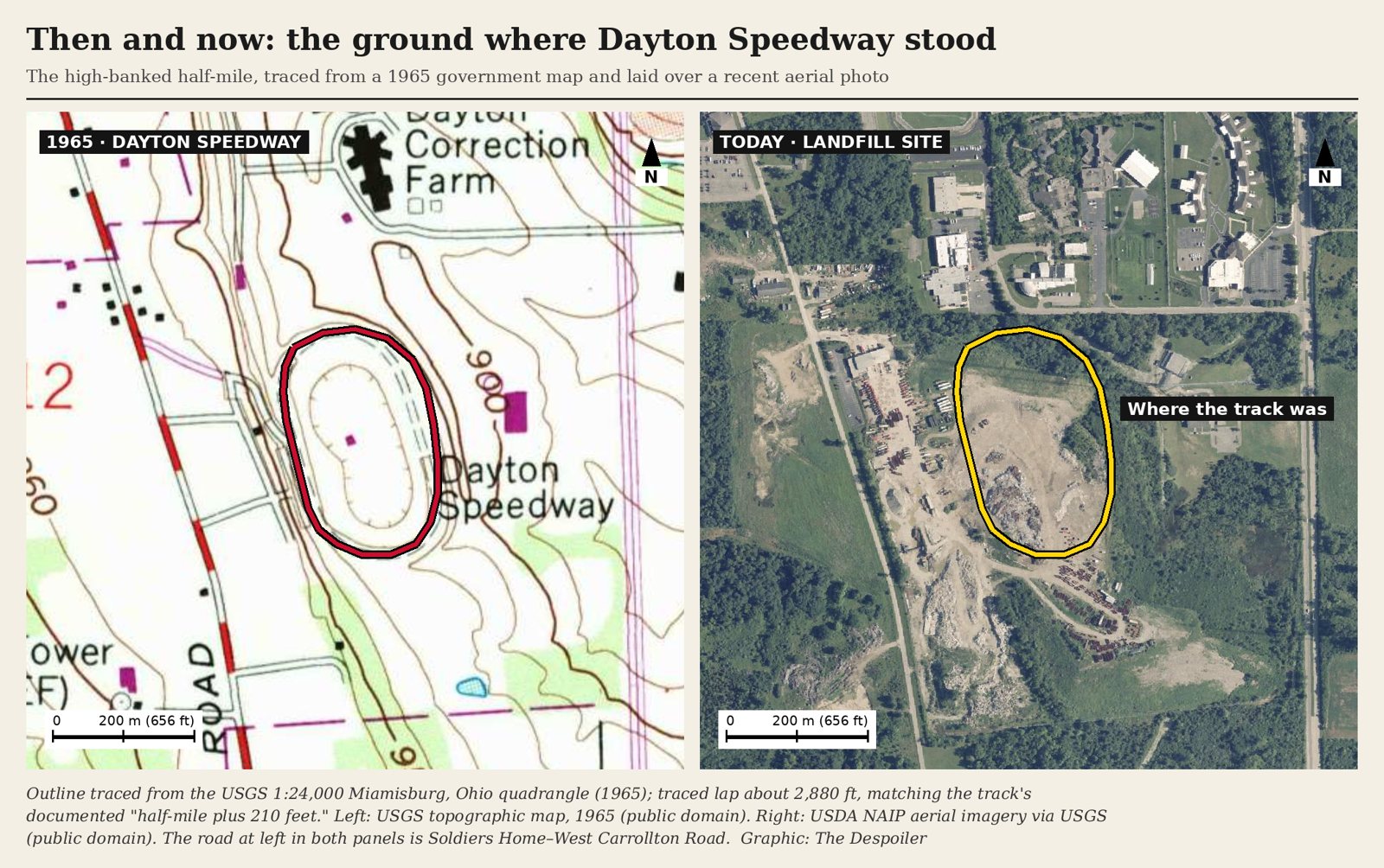 Side by side: Dayton Speedway on the 1965 USGS map and the same outline over a recent aerial photo showing bare landfill ground